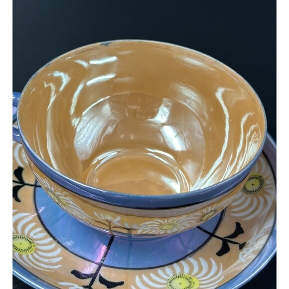 Vintage Japanese Lusterware 4 Teacups and 6 Saucers Set Iridescent Hand Painted - Picture 13 of 16